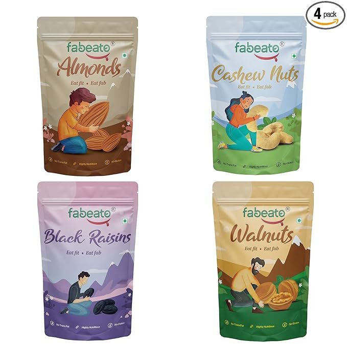 Dry fruits Aargo Farm : Fabeato Premium Dry Fruits And Nuts Combo (4 X 200 G) Almonds,Cashews,Walnut Kernels,Seedless Black Raisins, 800 Gram
