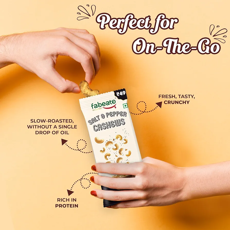 Dry fruits Aagro Farm : Fabeato Munch on the Go Snack Premium Salt and Pepper Cashews | Crunchy| Protein-Packed Each Pouch 25g | Pack of 10 - Image 5