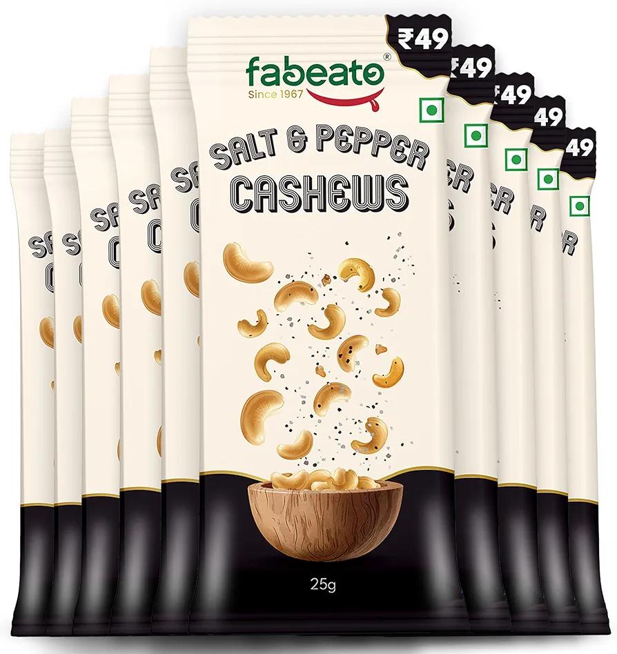 Dry fruits Aagro Farm : Fabeato Munch on the Go Snack Premium Salt and Pepper Cashews | Crunchy| Protein-Packed Each Pouch 25g | Pack of 10