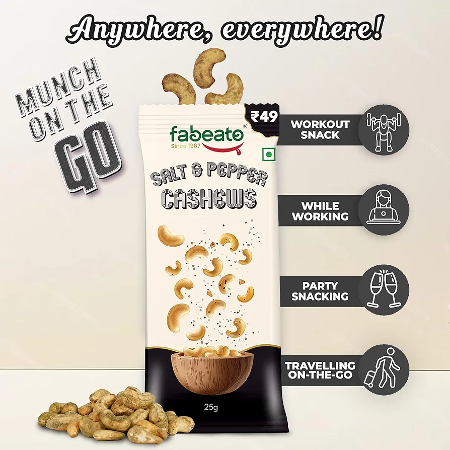 Dry fruits Aagro Farm : Fabeato Munch on the Go Snack Premium Salt and Pepper Cashews | Crunchy| Protein-Packed Each Pouch 25g | Pack of 10 - Image 4